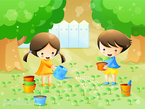 Дети поливают цветы