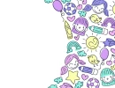 Белый фон с группой милых мультяшных контурных рисунков (девочки, солнышки, шарики, радуги) с пастельной заливкой вдоль правого края