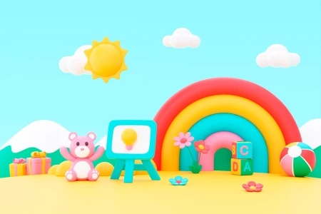 Объемная 3D-сцена для детей: розовый мишка, мольберт, большая радуга, подарки и мяч на желтой земле под голубым небом с солнцем и облаками.