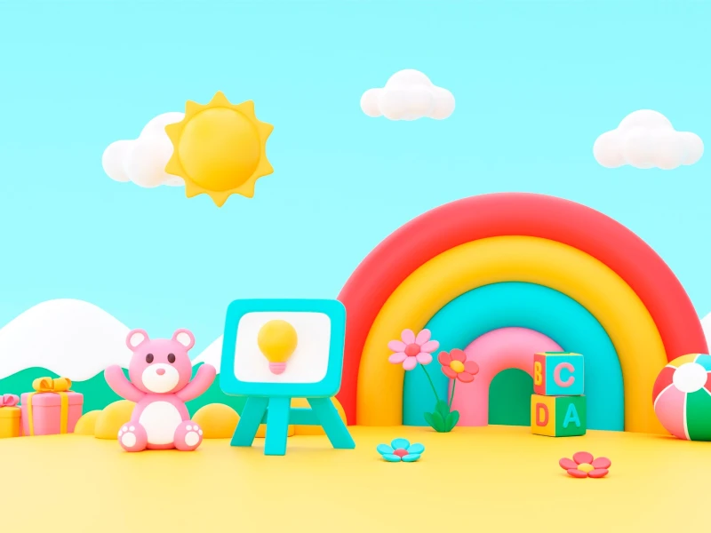 Объемная 3D-сцена для детей: розовый мишка, мольберт, большая радуга, подарки и мяч на желтой земле под голубым небом с солнцем и облаками.