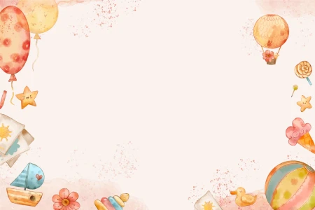 Белый фон с акварельными рисунками воздушных шаров, леденцов, мороженого, игрушек (кораблик, пирамидка, мяч) и звездочек по краям с большим чистым центром