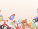Светлый бежевый фон с плоскими векторными иллюстрациями игрушек: мишка, мячи, ракета, велосипеды, приставка и кубики в нижней части, чистый центр для текста