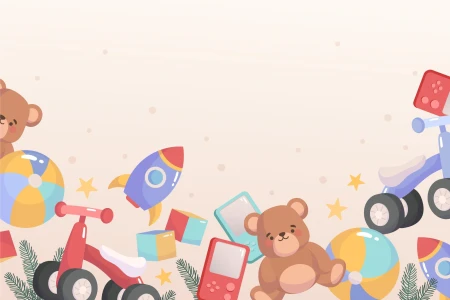 Светлый бежевый фон с плоскими векторными иллюстрациями игрушек: мишка, мячи, ракета, велосипеды, приставка и кубики в нижней части, чистый центр для текста
