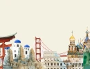 Акварельная иллюстрация с мировыми достопримечательностями (ворота, Пизанская башня, Колизей, мост, храм Василия Блаженного) в нижней части на светлом фоне