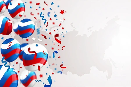 Светлый фон с праздничными шарами цветов российского флага, разлетающимся конфетти и контурной картой России в правой части