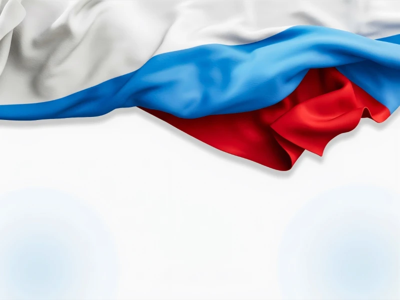 Развевающийся флаг России (бело-сине-красный) в верхней части на белом фоне