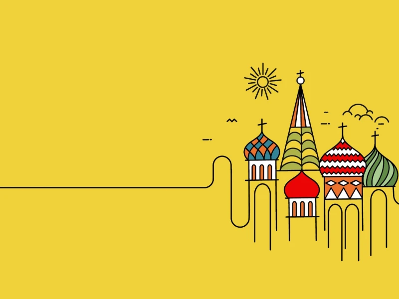 Желтый фон с цветным контурным рисунком собора Василия Блаженного, солнцем и облаками в правой части