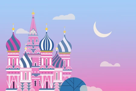 Стилизованное изображение собора Василия Блаженного в розово-синих тонах на фоне градиентного неба с облаками и месяцем, с чистым местом справа
