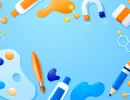 Светло-голубой фон с 3D-элементами: палитра, кисть, клей, карандаш, магнит, ластик и молекулы по краям