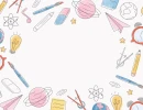 Белый фон с акварельными контурными школьными предметами (карандаши, глобусы, планеты, будильники, ноты) по краям