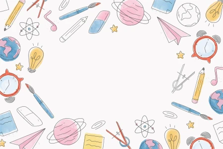 Белый фон с акварельными контурными школьными предметами (карандаши, глобусы, планеты, будильники, ноты) по краям