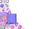 Розовый фон с фигурой учительницы с доской и школьными предметами (книги, рюкзаки, колбы, мяч) слева, чистый белый центр справа