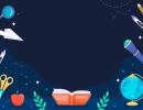 Темно-синий фон с созвездиями, луной, звездами, карандашами, глобусом, телескопом, книгой и яблоком по краям