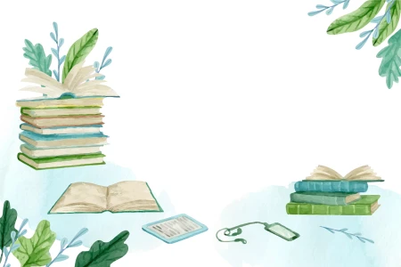 Белый фон с акварельными стопками книг, раскрытыми книгами, зелеными веточками, планшетом и смартфоном по краям