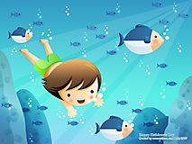 Девочка плавает с рыбами
